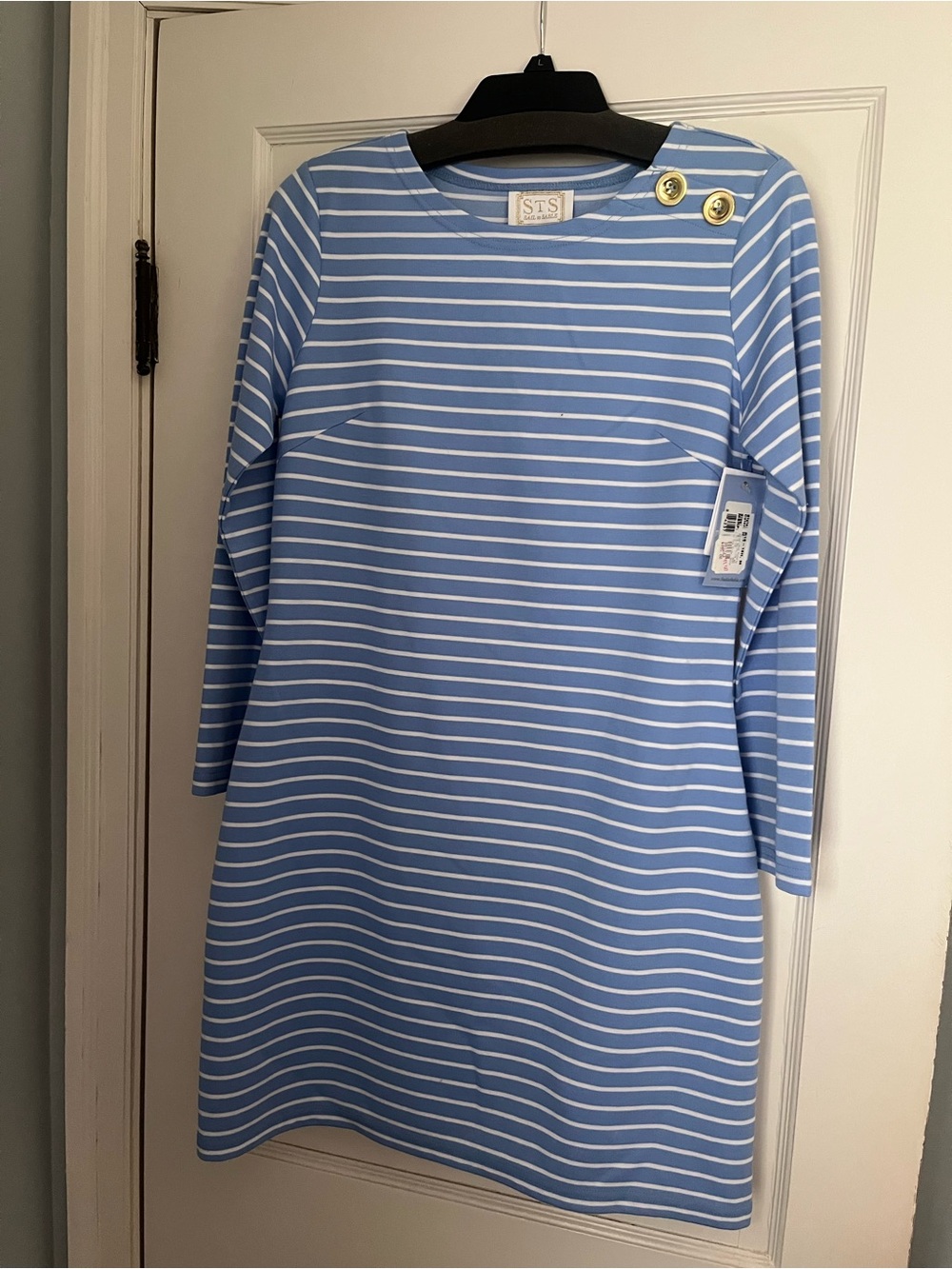 NWT Boutique Sail To Sable Blue and White Striped Boatneck Dress w/ Gold Buttons